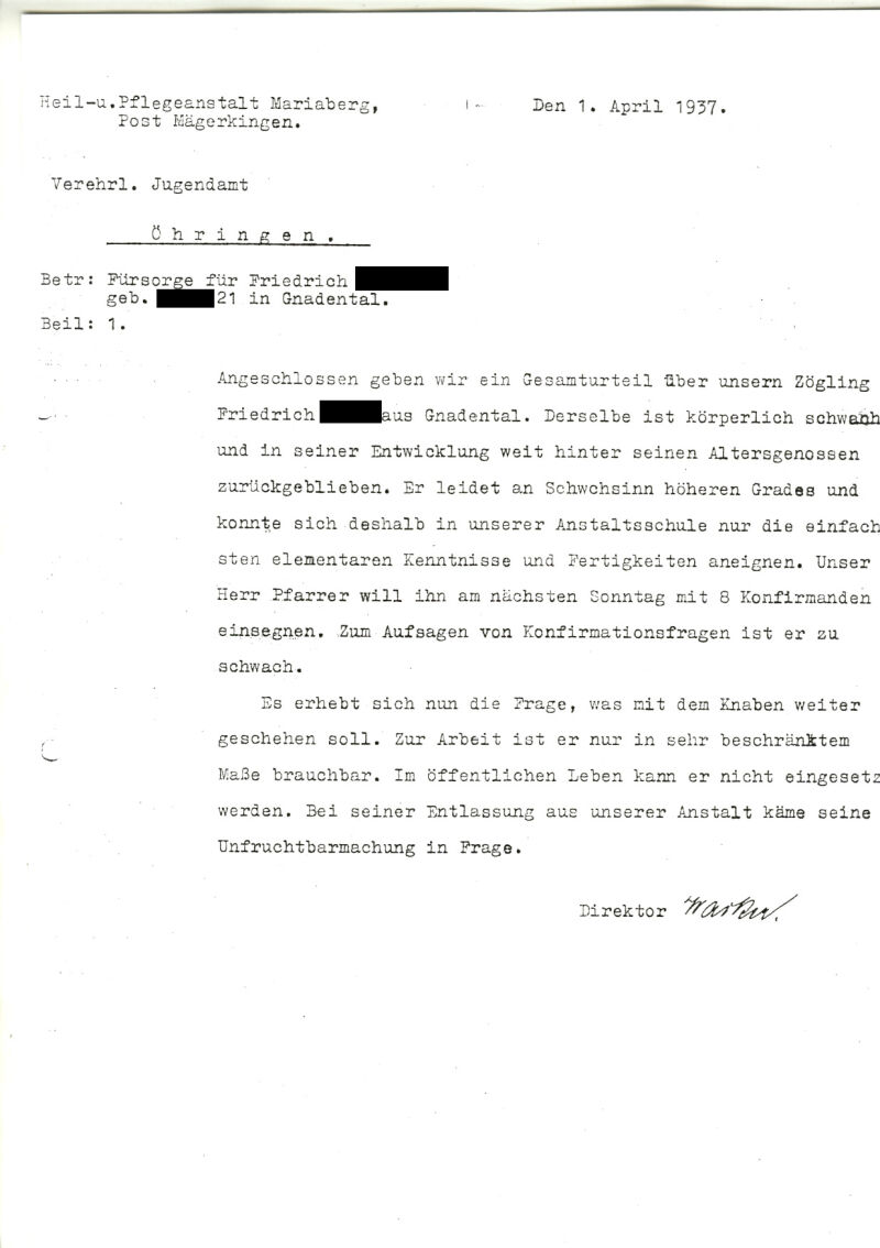 Brief des Mariaberger Anstaltsdirektors Wacker an das Jugendamt Öhringen