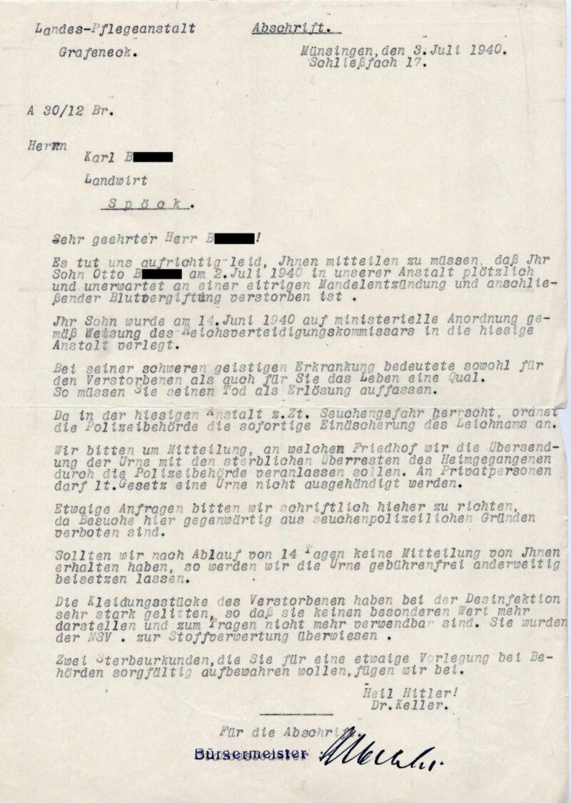 Ein sogenannter Trostbrief aus der Tötungsanstalt Grafeneck vom 3. Juli 1940