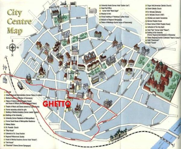 Stadtplan von Czernowitz mit eingezeichneten Ghettogrenzen