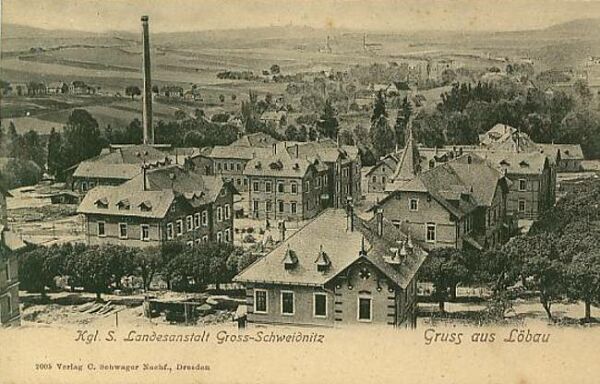 Postkarte des Anstaltsgeländes von Großschweidnitz, um 1905