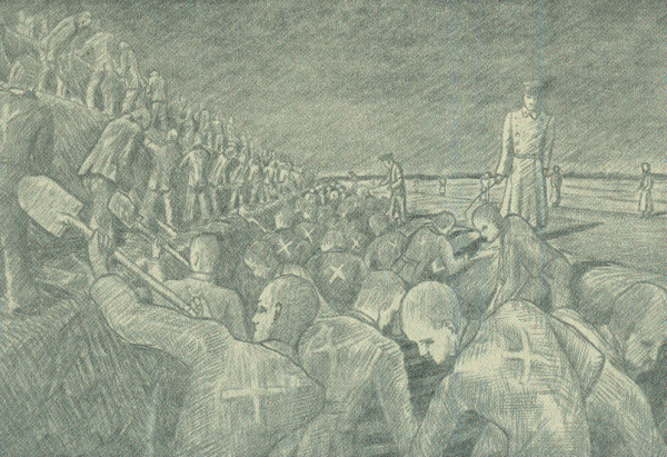 Zeichnung: Häftlinge bei der Zwangsarbeit