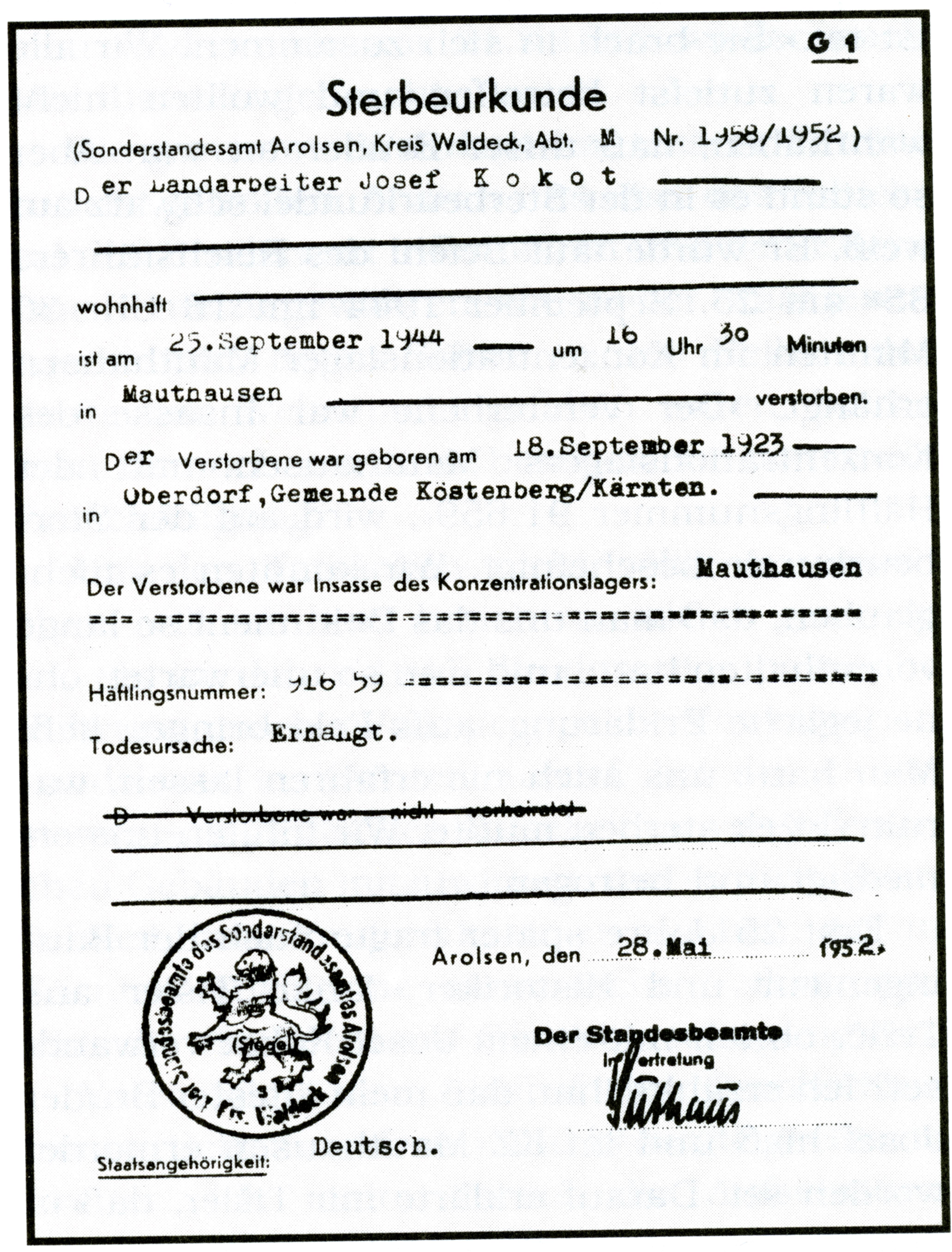 Sterbeurkunde für Andrejs Bruder Jožek Sterbeurkunde für Andrejs Bruder Jožek