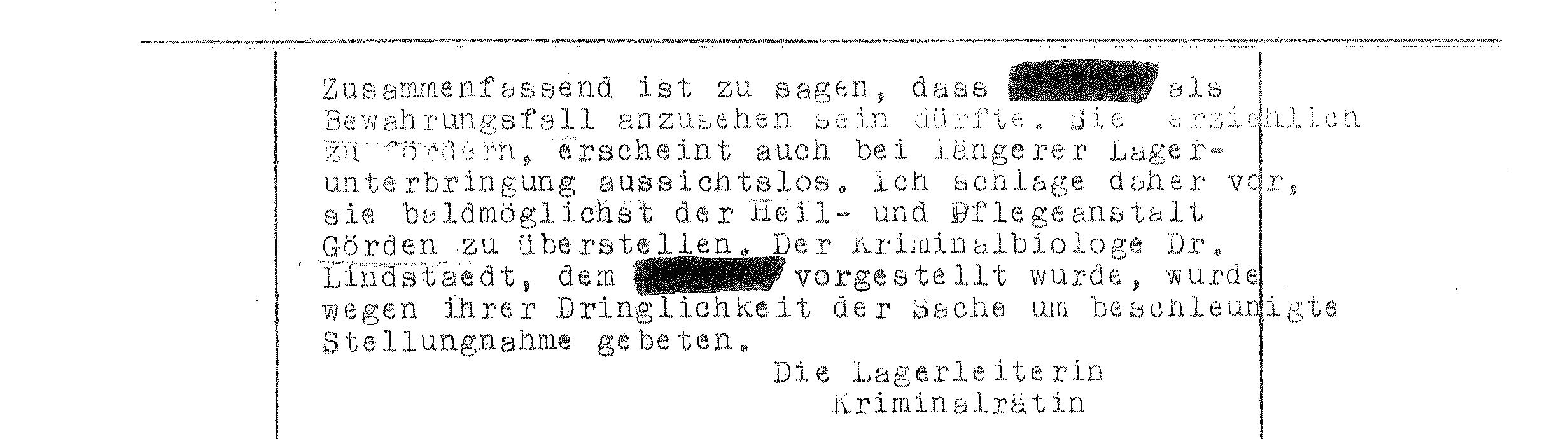 Abschrift des Briefs von Lotte Toberentz an das Reichskriminalpolizeiamt in Berlin